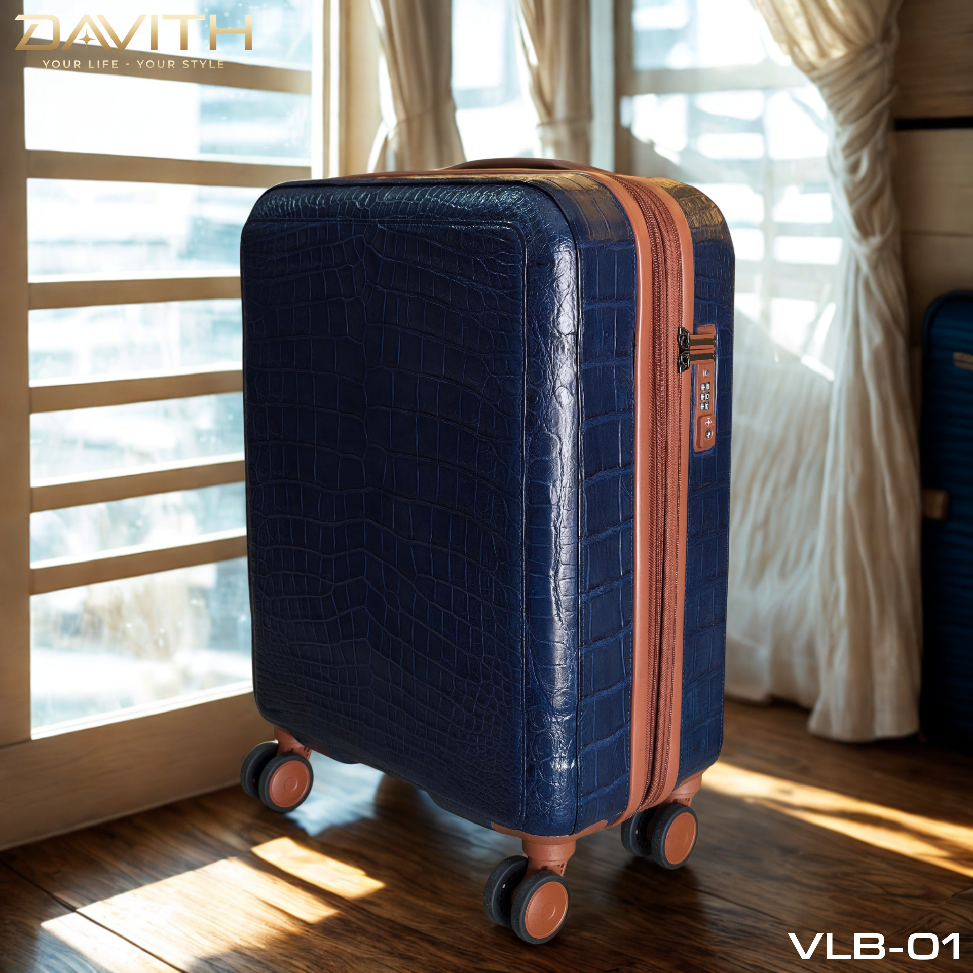 DAVITH Exotic Crocodile Belly Leather Travel Luggage — Navy Blue | LVB-01