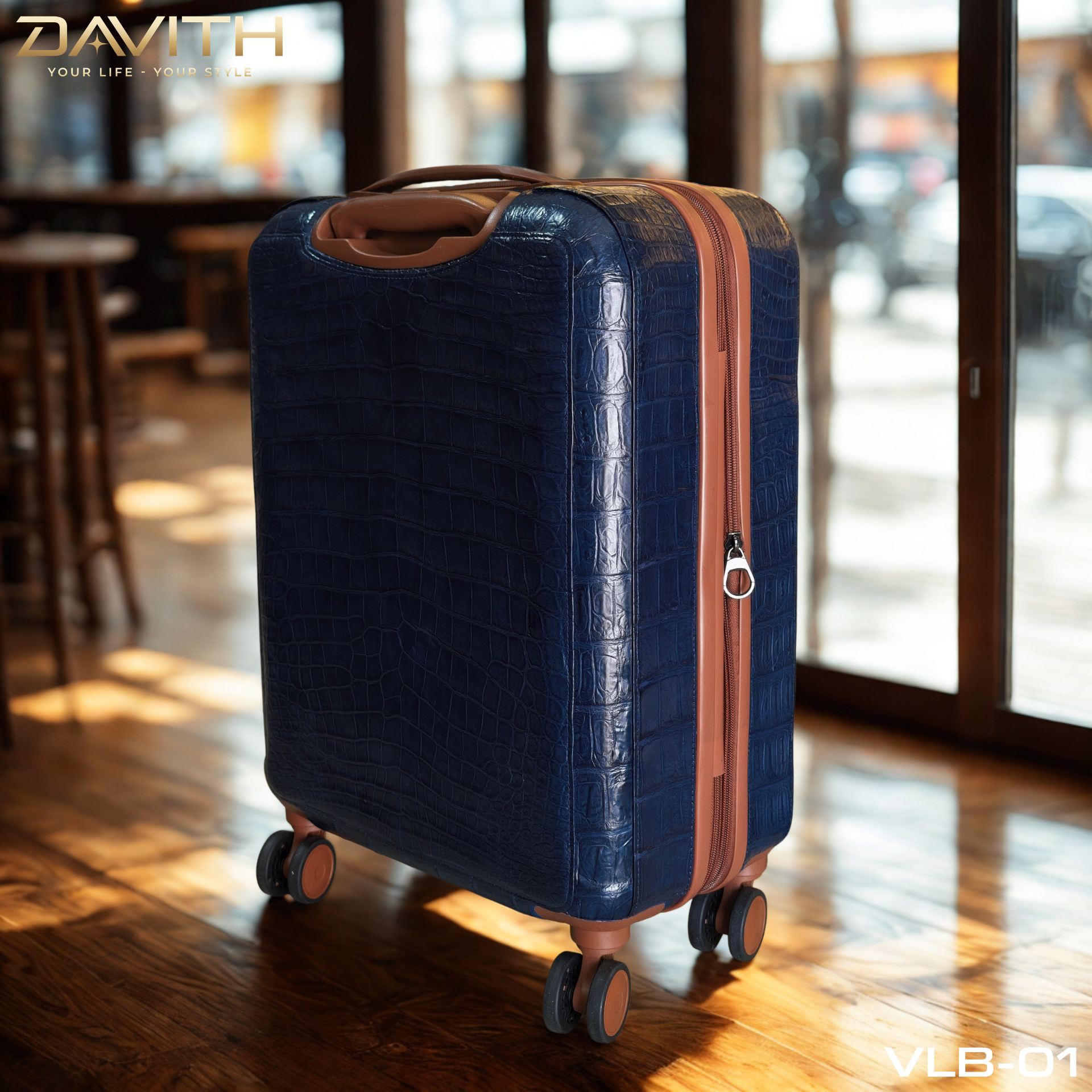 DAVITH Exotic Crocodile Belly Leather Travel Luggage — Navy Blue | LVB-01