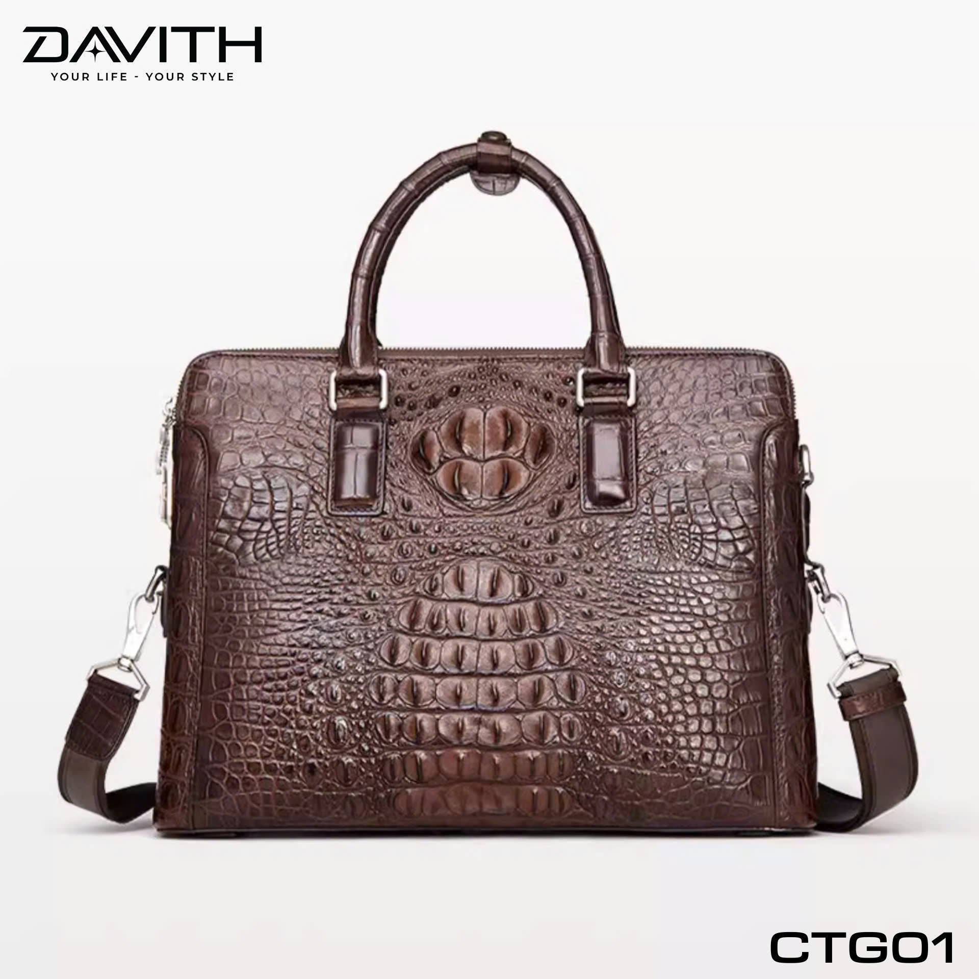 CTG01 Hornback Crocodile Executive Briefcase — Brown / Black