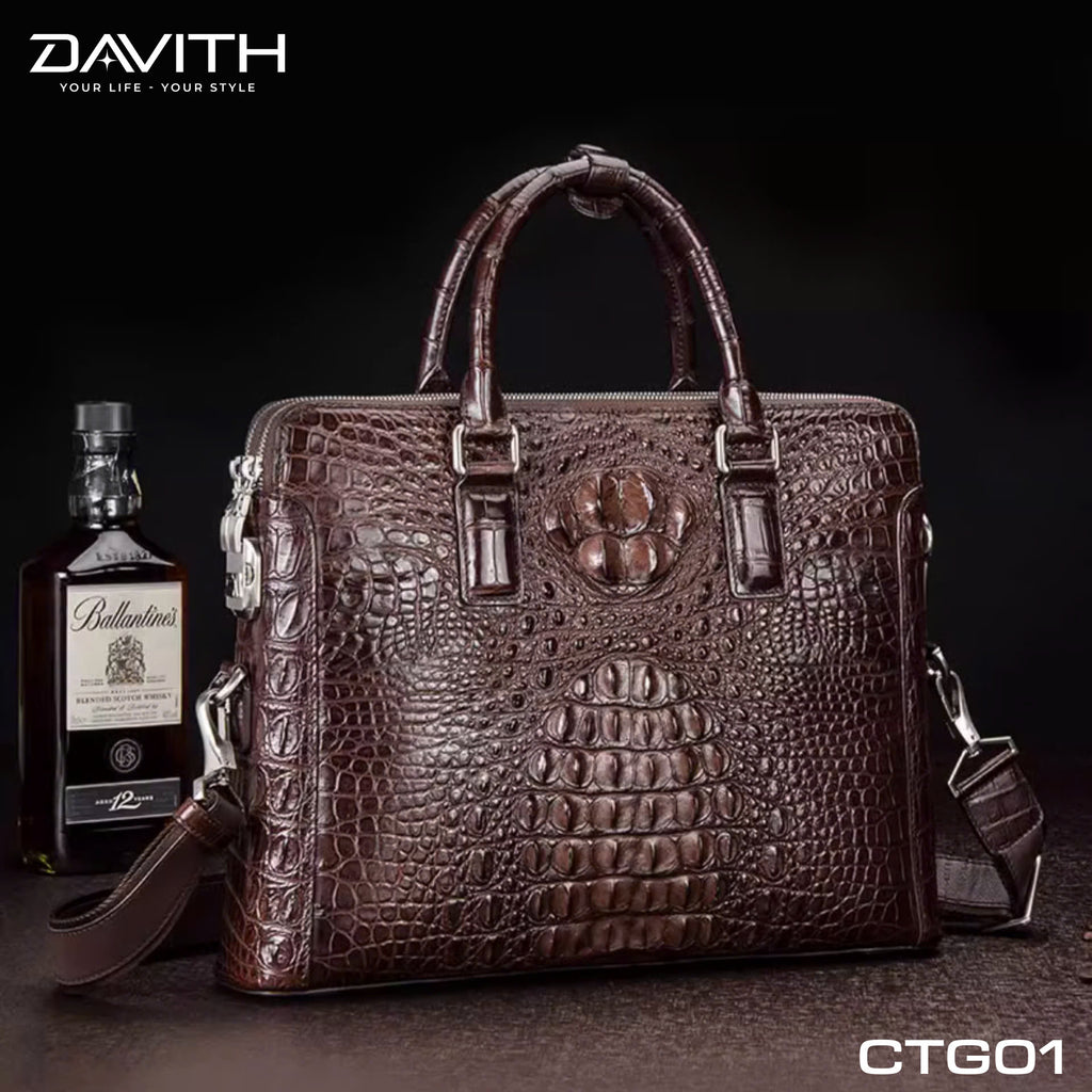 CTG01 Hornback Crocodile Executive Briefcase — Brown / Black