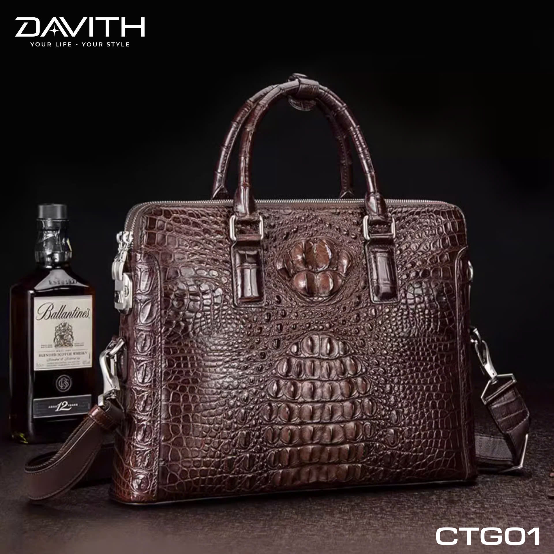 CTG01 Hornback Crocodile Executive Briefcase — Brown / Black