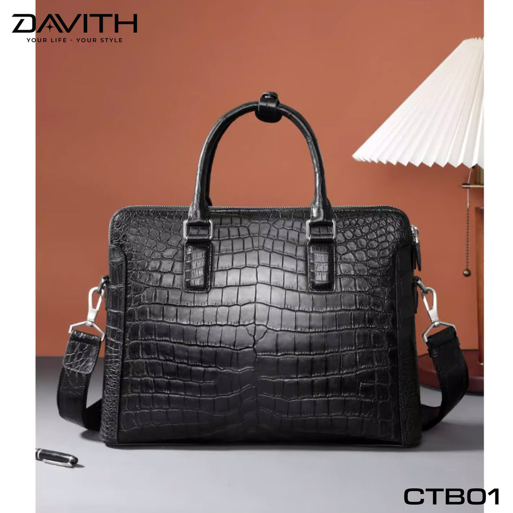 DAVITH LEGENDARY CTB01 — Men's Executive Briefcase in Black Crocodile Belly Leather