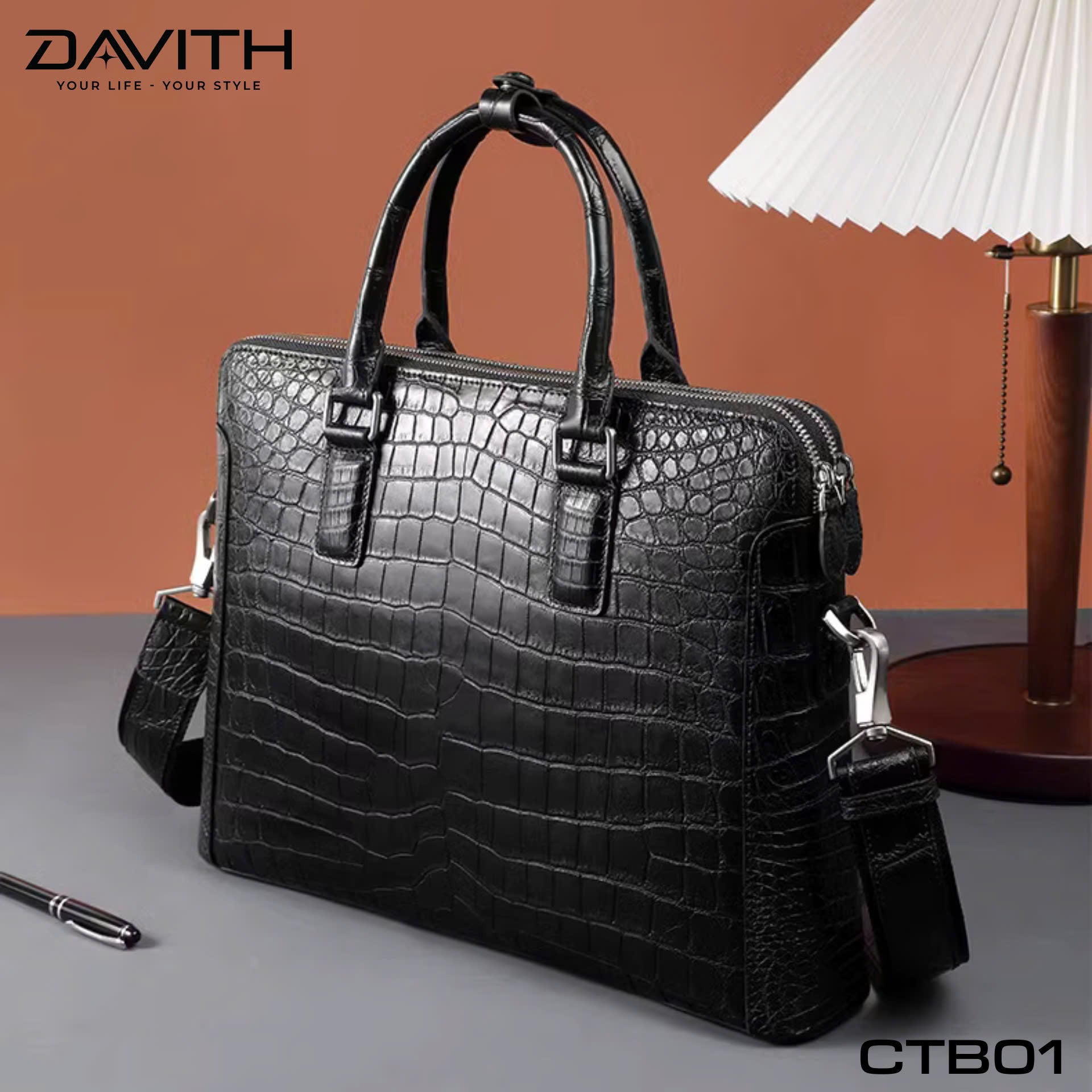DAVITH LEGENDARY CTB01 — Men's Executive Briefcase in Black Crocodile Belly Leather