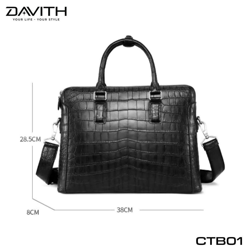 DAVITH LEGENDARY CTB01 — Men's Executive Briefcase in Black Crocodile Belly Leather