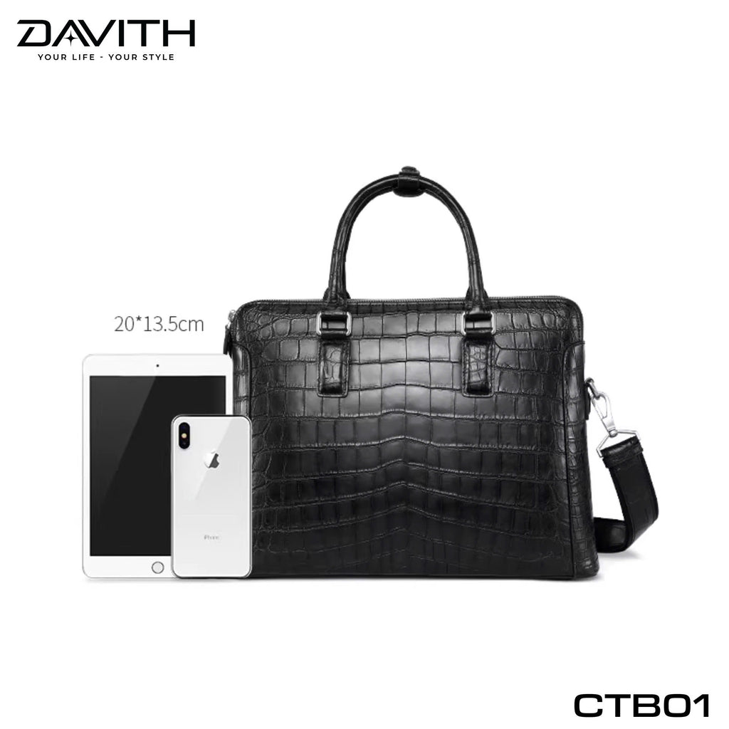 DAVITH LEGENDARY CTB01 — Men's Executive Briefcase in Black Crocodile Belly Leather