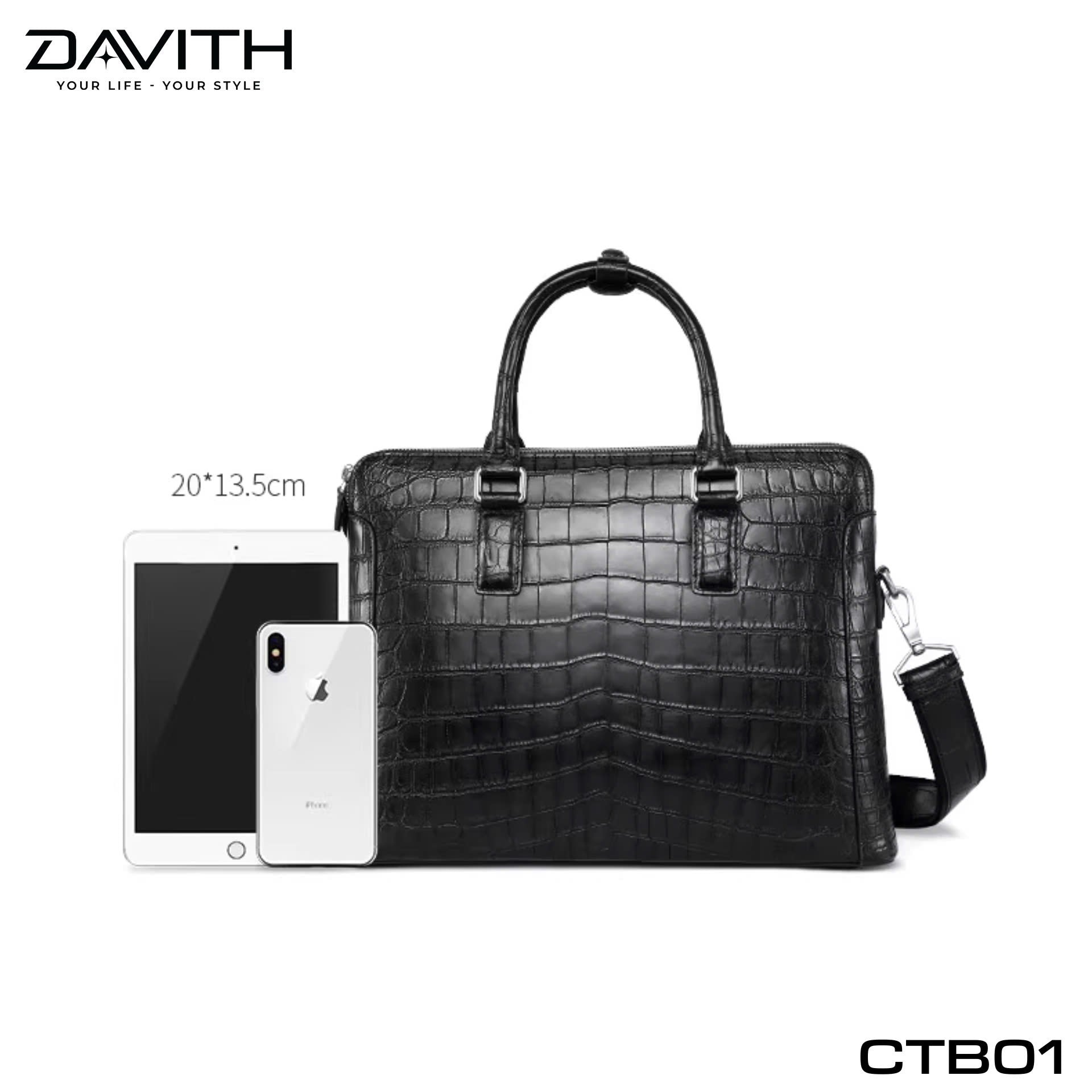 DAVITH LEGENDARY CTB01 — Men's Executive Briefcase in Black Crocodile Belly Leather