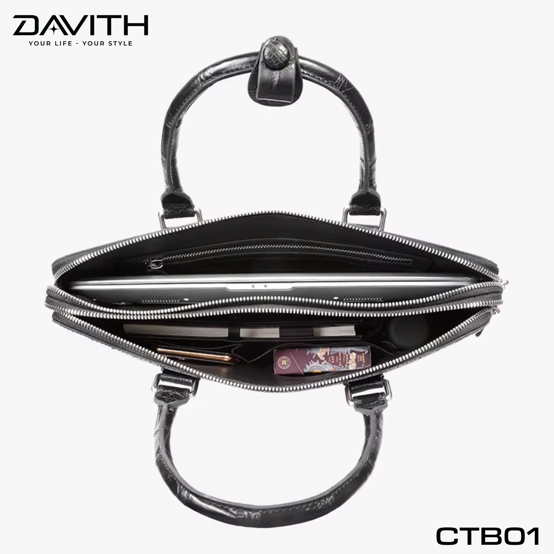 DAVITH LEGENDARY CTB01 — Men's Executive Briefcase in Black Crocodile Belly Leather