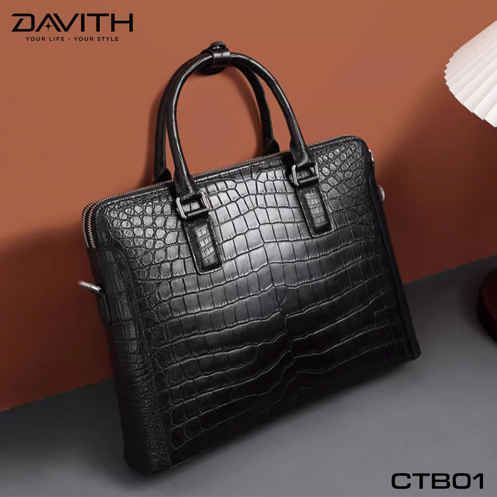 DAVITH LEGENDARY CTB01 — Men's Executive Briefcase in Black Crocodile Belly Leather