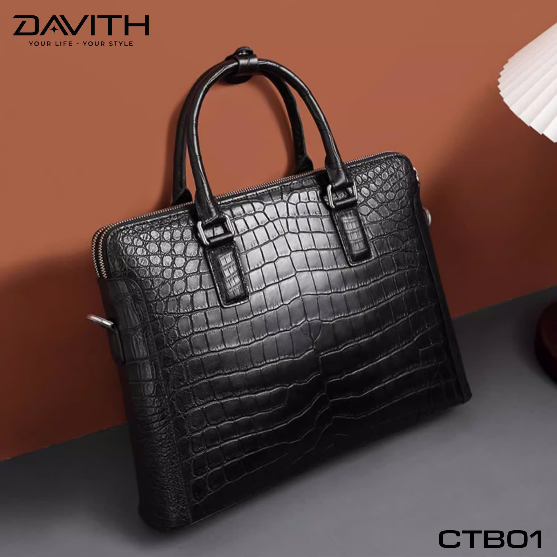 DAVITH LEGENDARY CTB01 — Men's Executive Briefcase in Black Crocodile Belly Leather