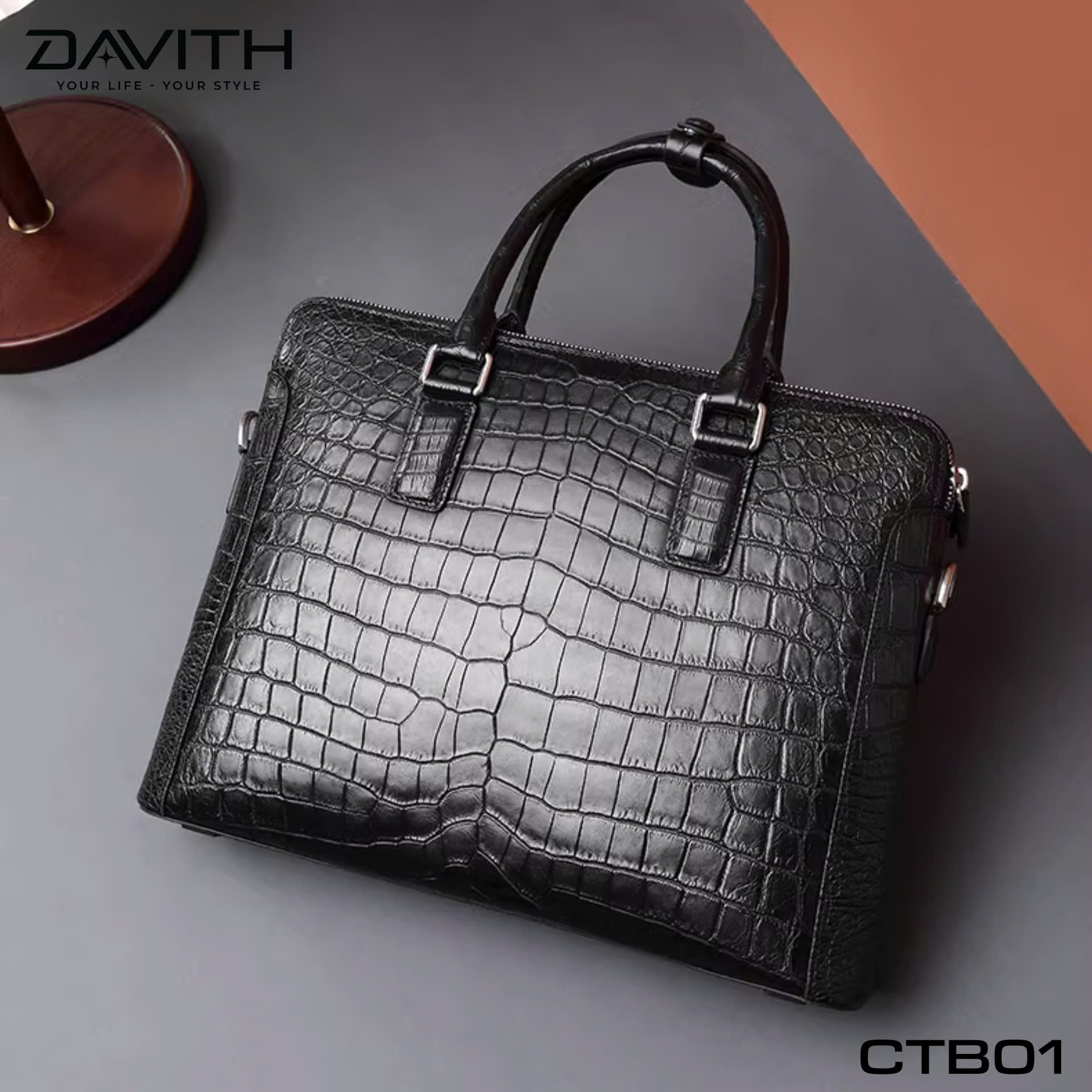 DAVITH LEGENDARY CTB01 — Men's Executive Briefcase in Black Crocodile Belly Leather