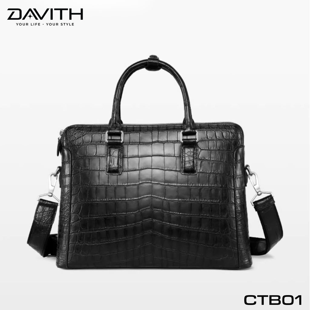 DAVITH LEGENDARY CTB01 — Men's Executive Briefcase in Black Crocodile Belly Leather
