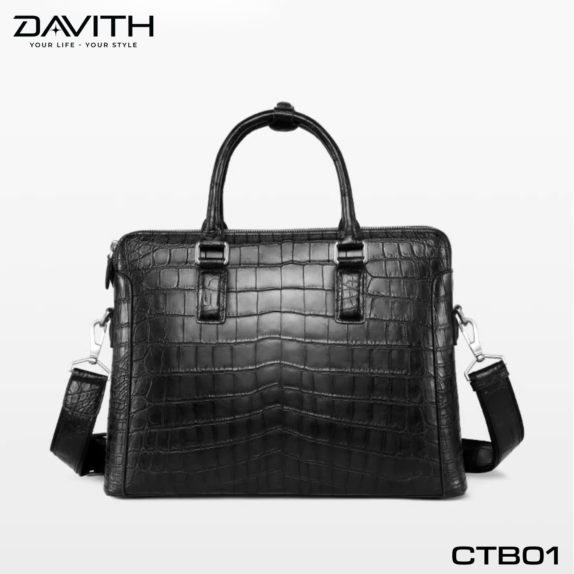 DAVITH LEGENDARY CTB01 — Men's Executive Briefcase in Black Crocodile Belly Leather