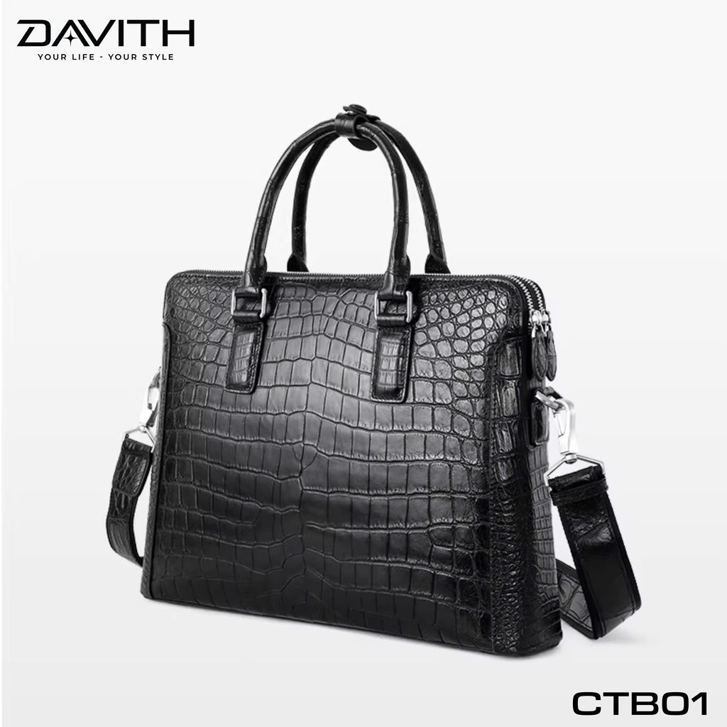 DAVITH LEGENDARY CTB01 — Men's Executive Briefcase in Black Crocodile Belly Leather