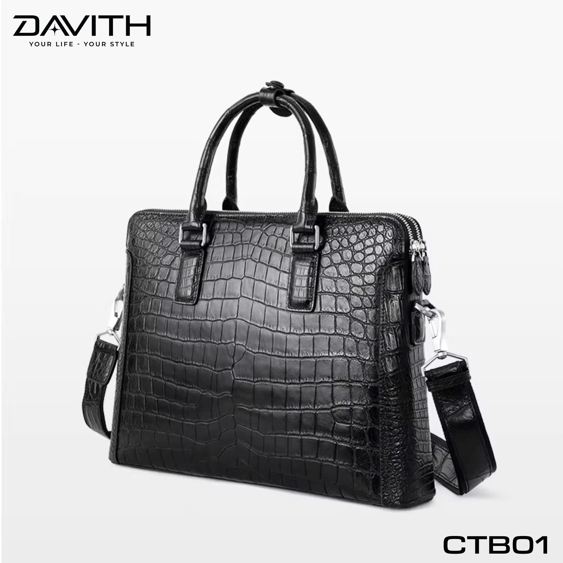DAVITH LEGENDARY CTB01 — Men's Executive Briefcase in Black Crocodile Belly Leather