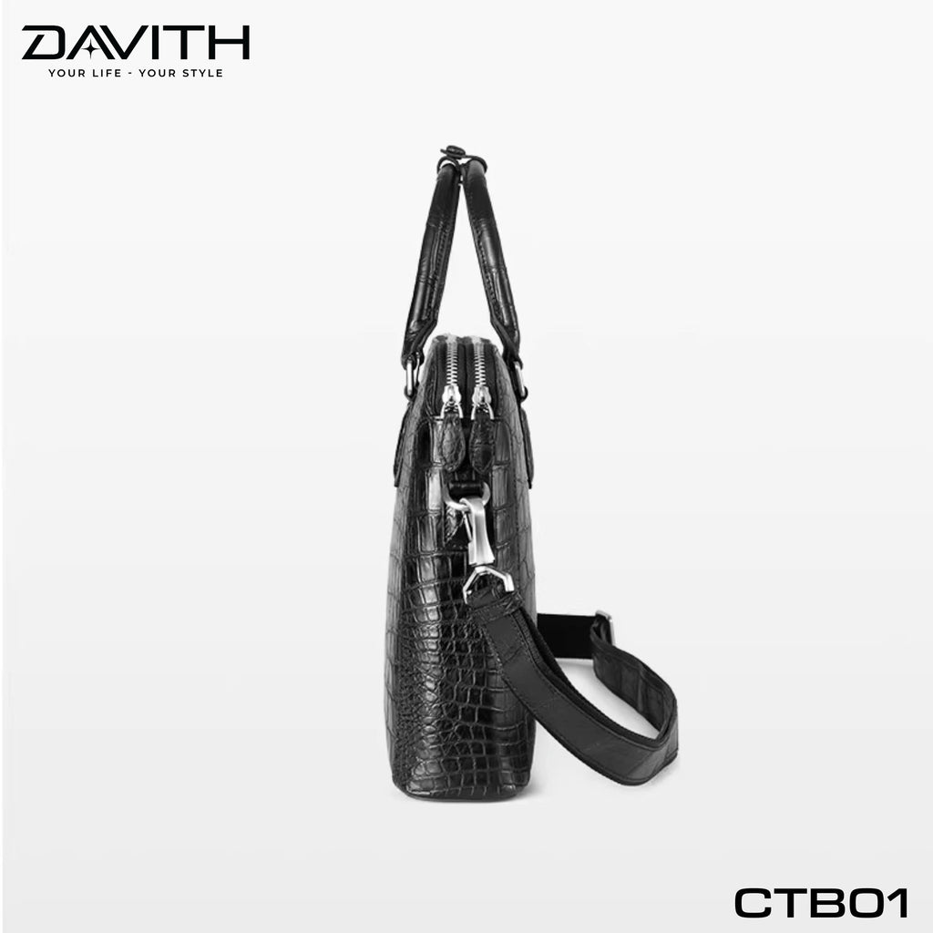 DAVITH LEGENDARY CTB01 — Men's Executive Briefcase in Black Crocodile Belly Leather