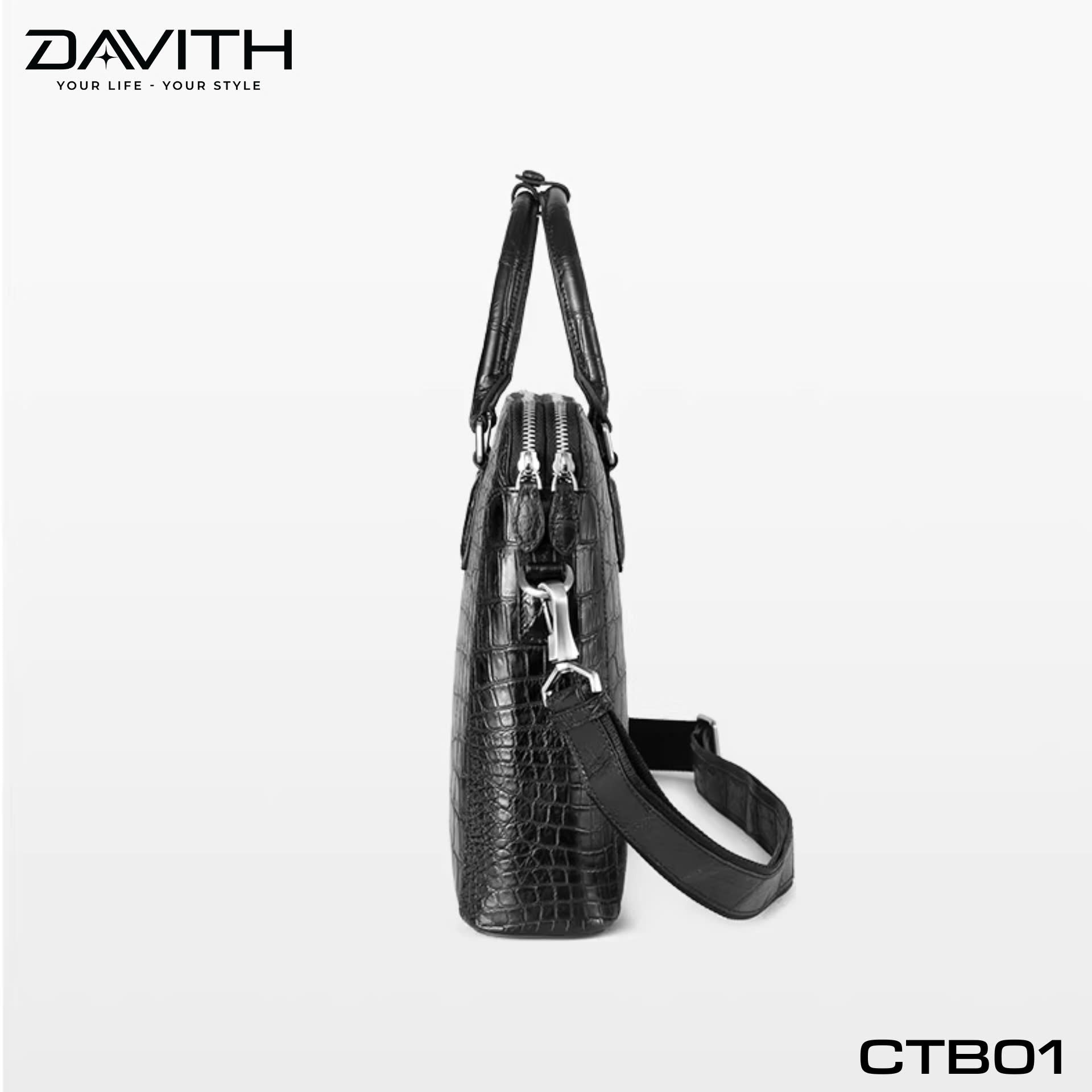 DAVITH LEGENDARY CTB01 — Men's Executive Briefcase in Black Crocodile Belly Leather