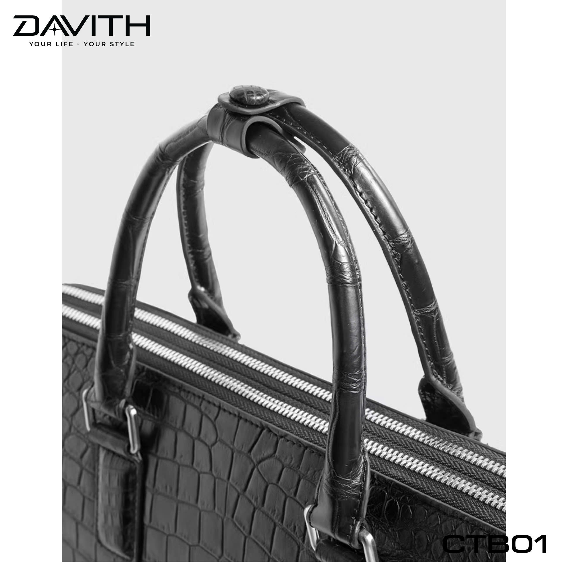 DAVITH LEGENDARY CTB01 — Men's Executive Briefcase in Black Crocodile Belly Leather