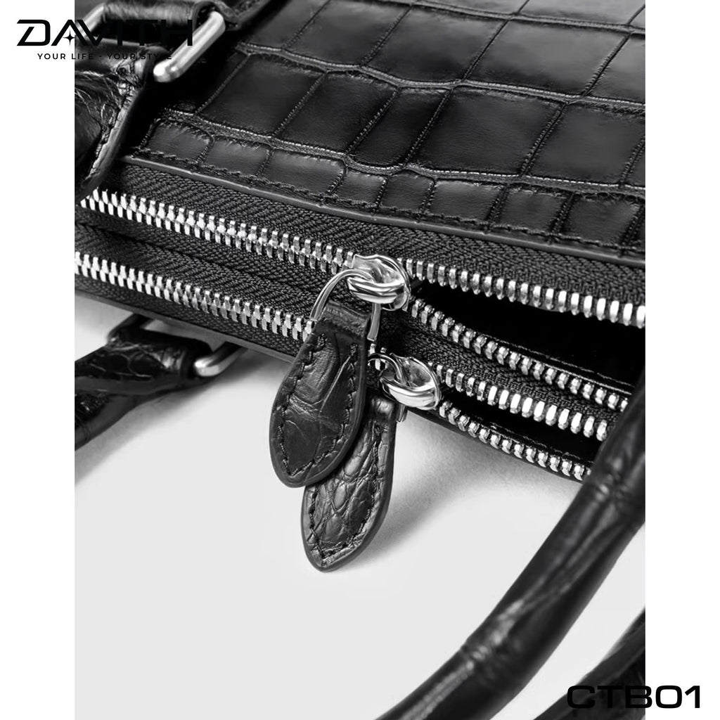 DAVITH LEGENDARY CTB01 — Men's Executive Briefcase in Black Crocodile Belly Leather