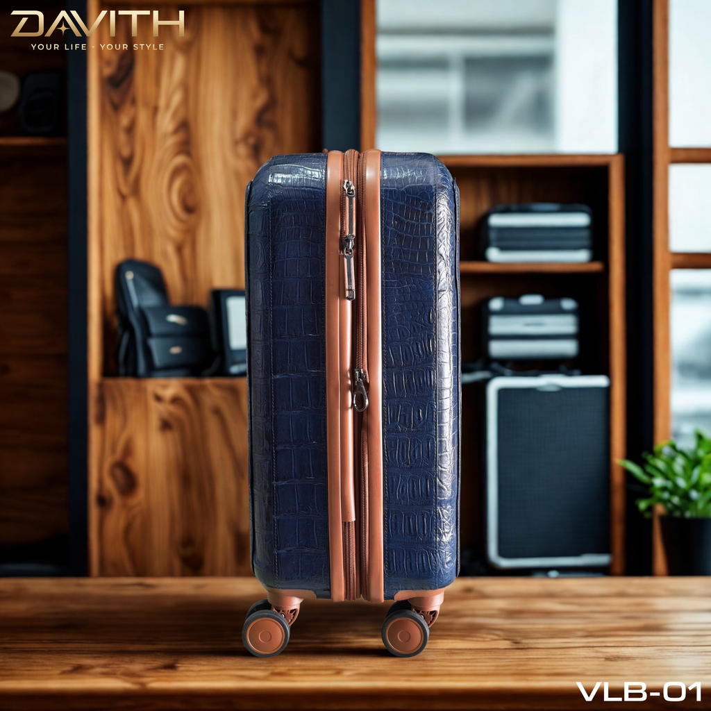 DAVITH Exotic Crocodile Belly Leather Travel Luggage — Navy Blue | LVB-01