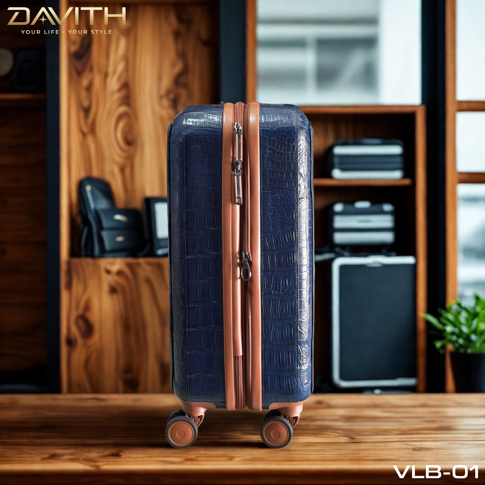 DAVITH Exotic Crocodile Belly Leather Travel Luggage — Navy Blue | LVB-01