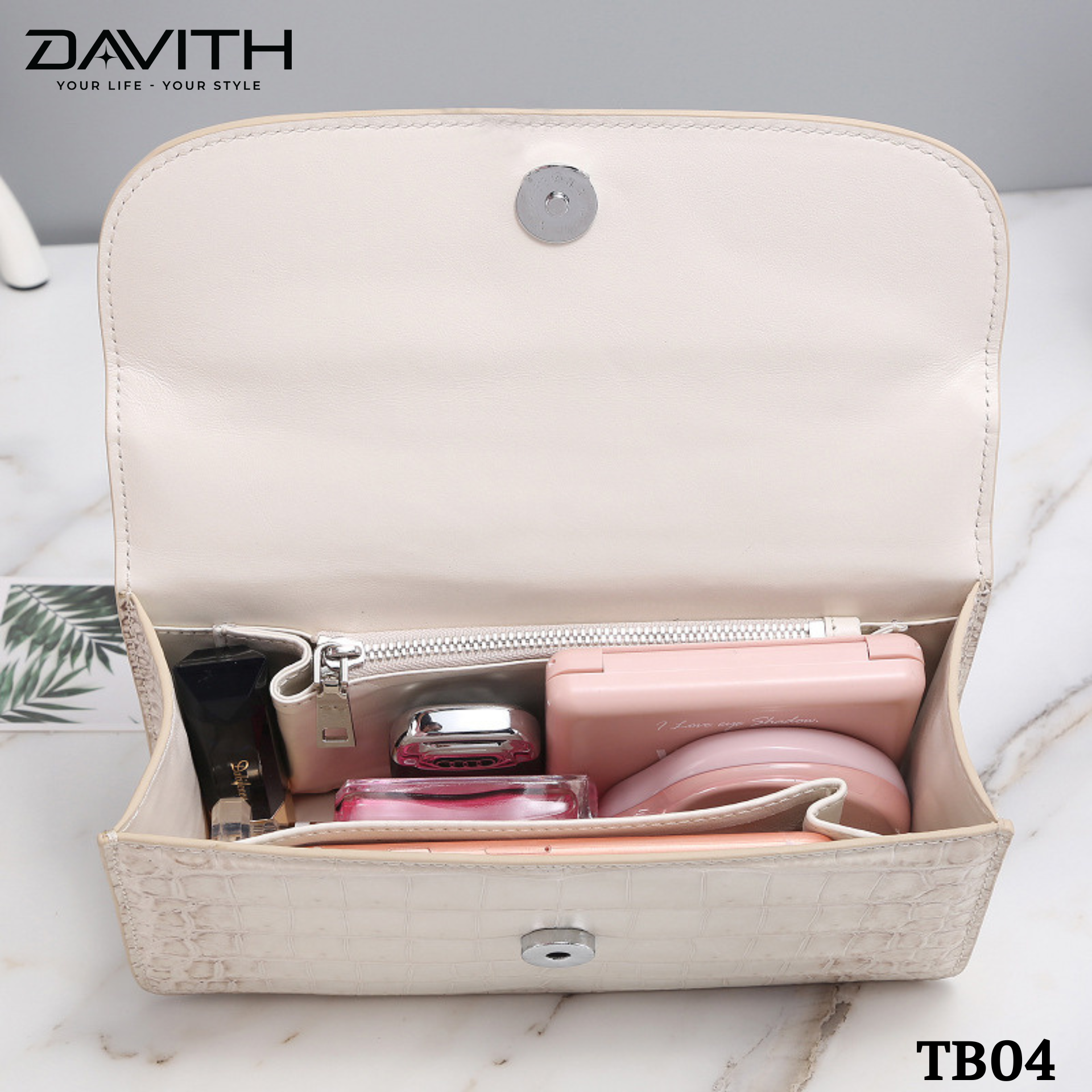 DAVITH TB04 – Professionally Whitened Crocodile Belly Leather Women's Luxury Handbag