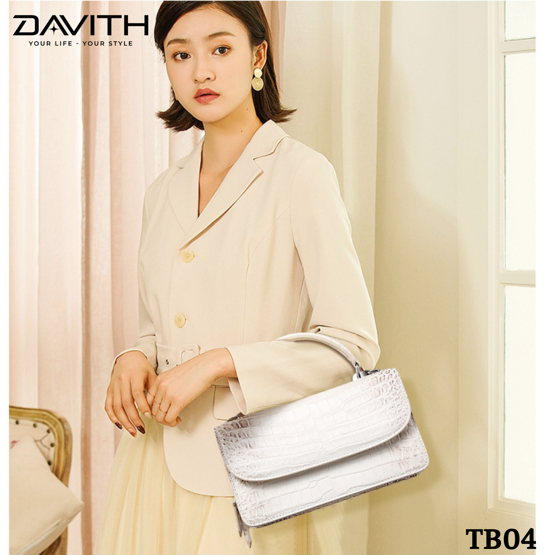 DAVITH TB04 – Professionally Whitened Crocodile Belly Leather Women's Luxury Handbag