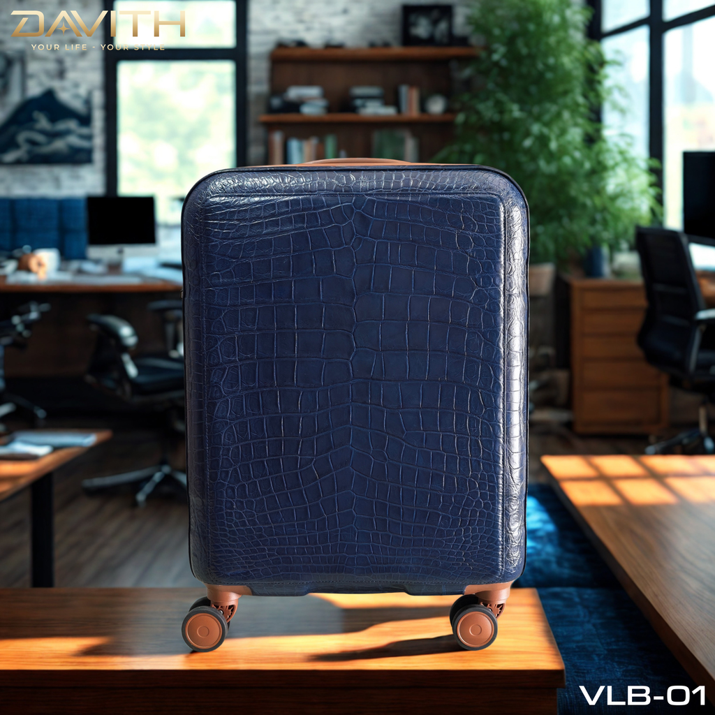 DAVITH Exotic Crocodile Belly Leather Travel Luggage — Navy Blue | LVB-01