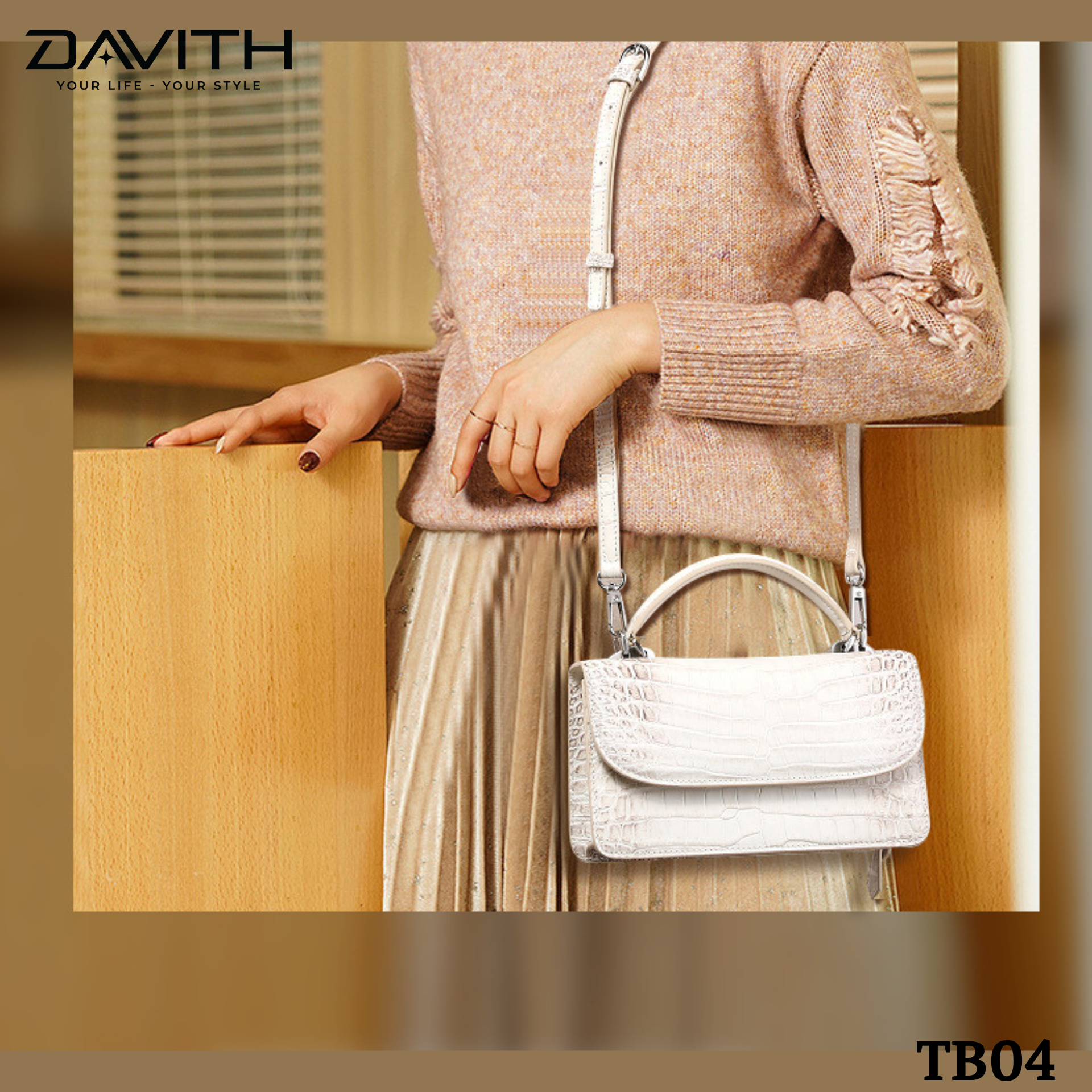DAVITH TB04 – Professionally Whitened Crocodile Belly Leather Women's Luxury Handbag