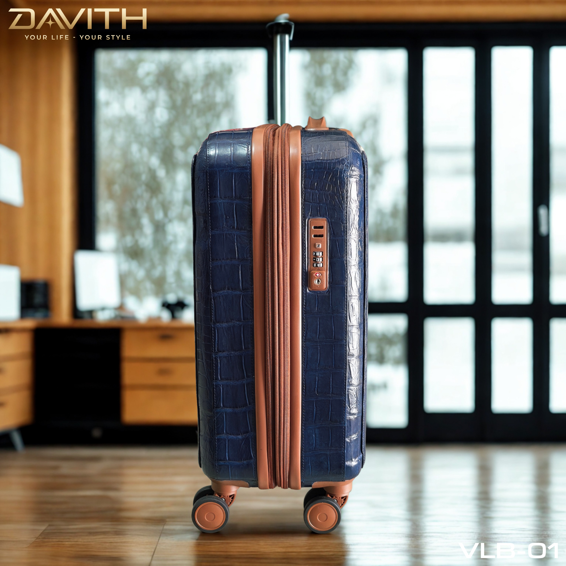 DAVITH Exotic Crocodile Belly Leather Travel Luggage — Navy Blue | LVB-01