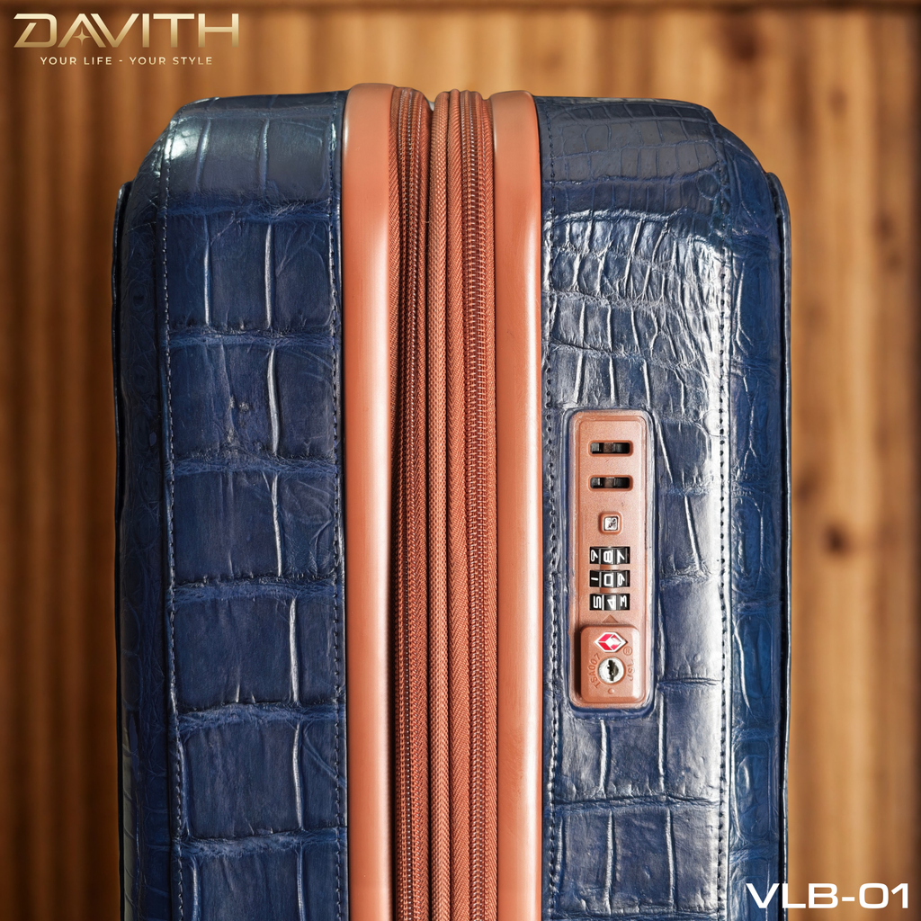 DAVITH Exotic Crocodile Belly Leather Travel Luggage — Navy Blue | LVB-01