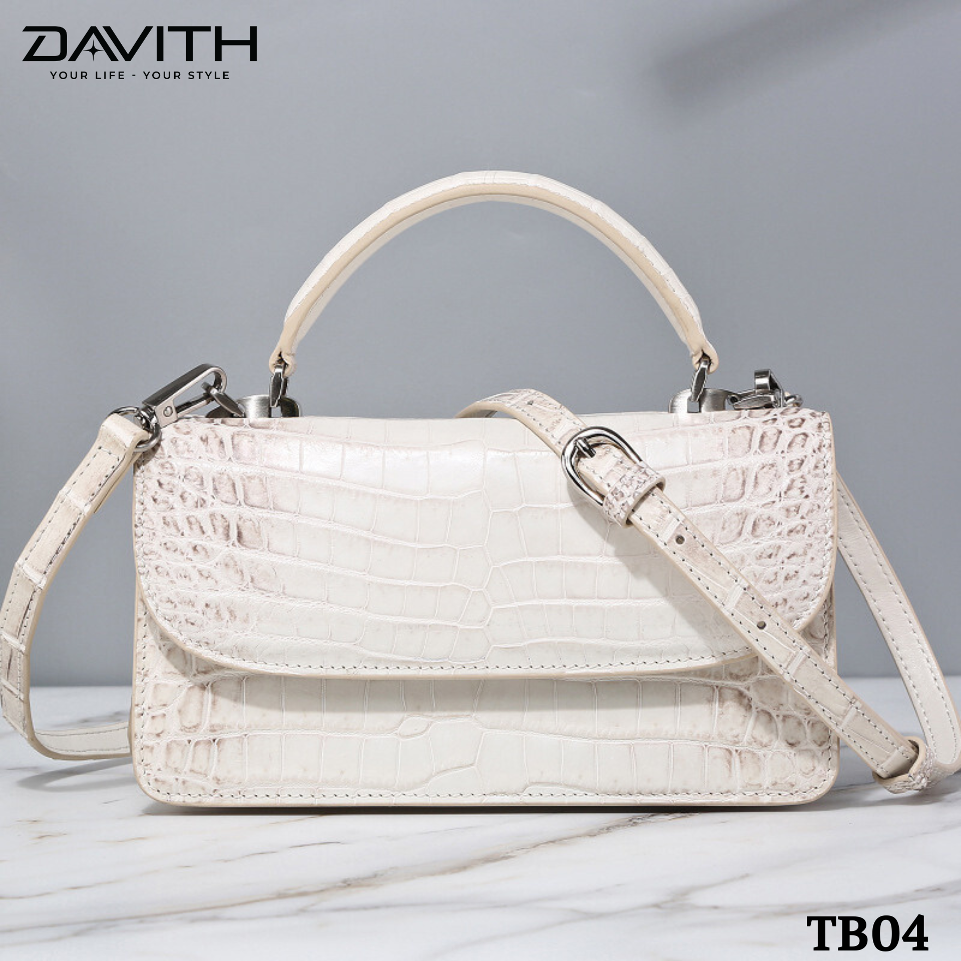 DAVITH TB04 – Professionally Whitened Crocodile Belly Leather Women's Luxury Handbag