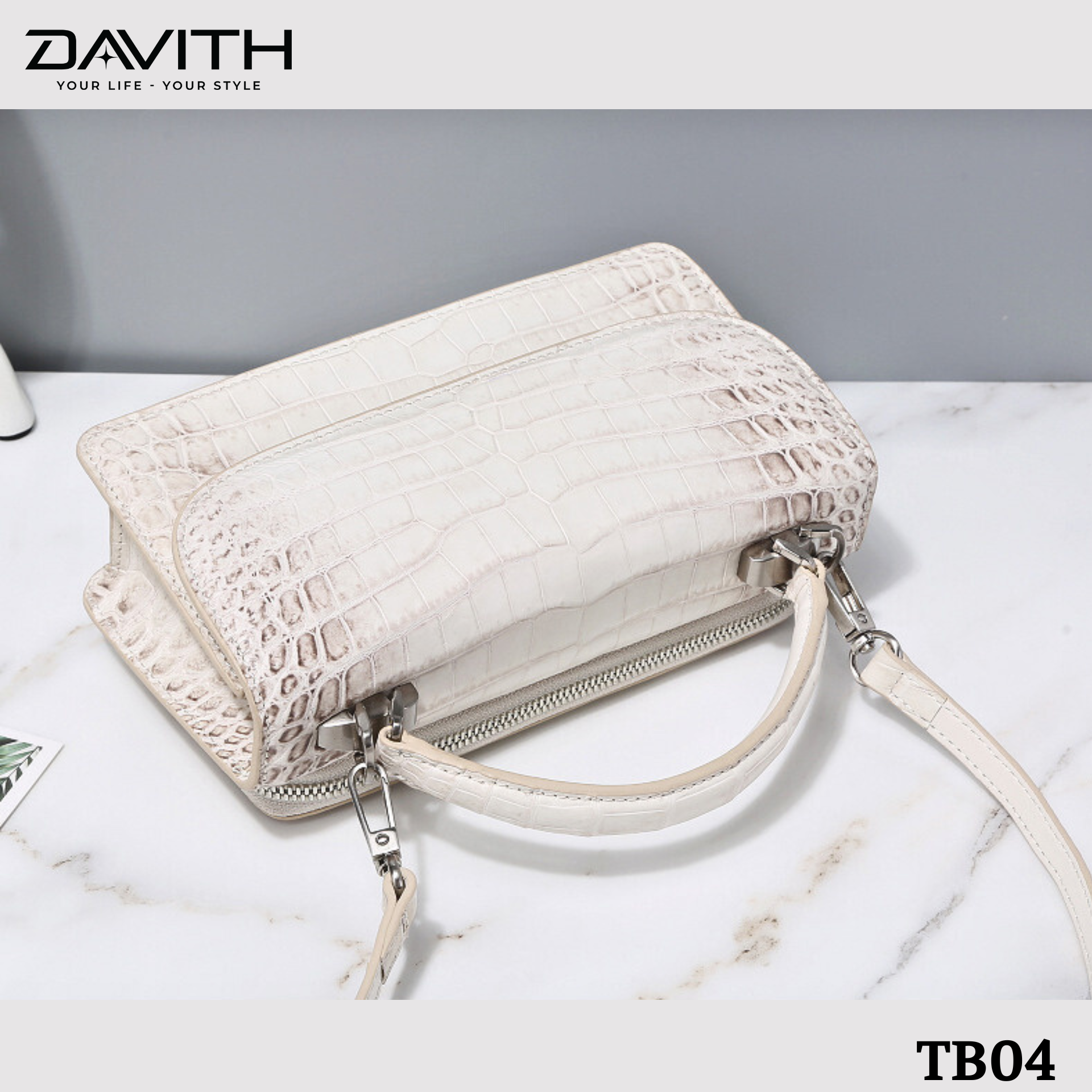 DAVITH TB04 – Professionally Whitened Crocodile Belly Leather Women's Luxury Handbag