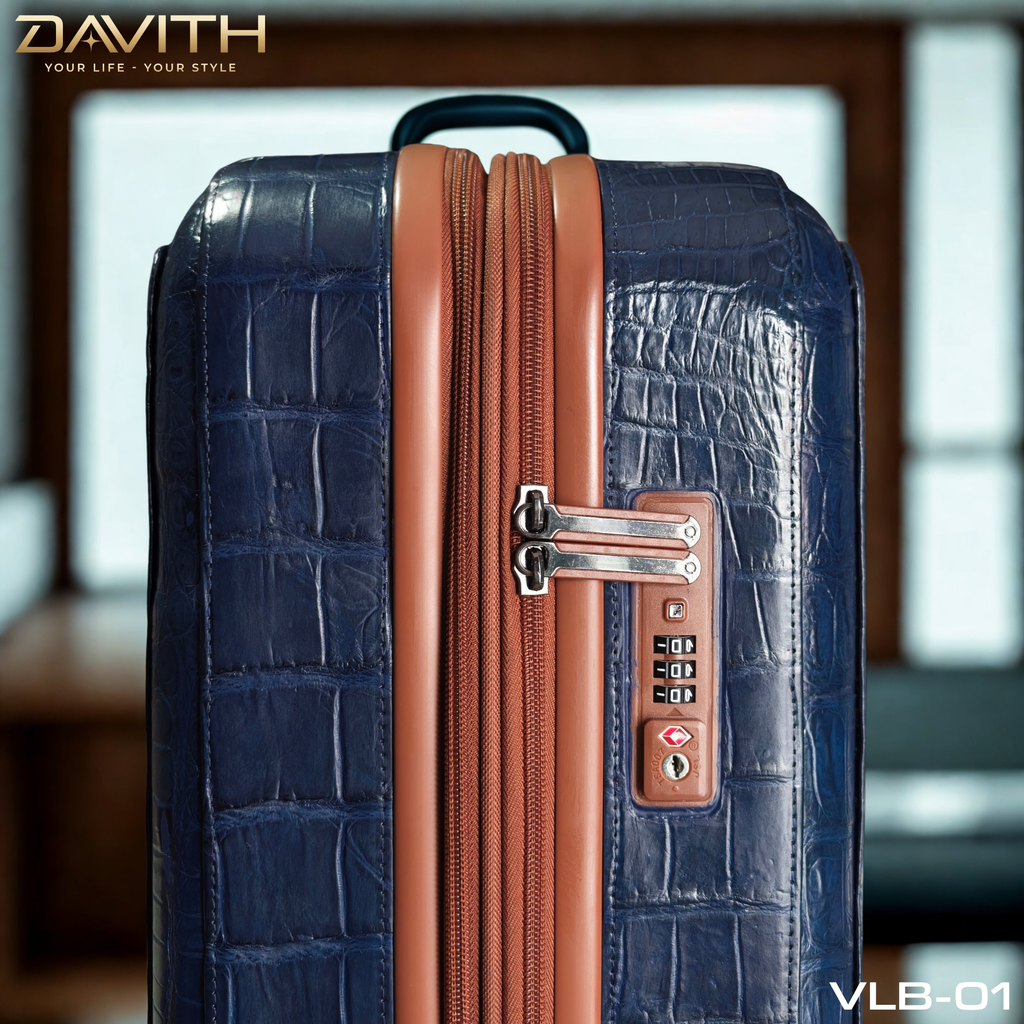 DAVITH Exotic Crocodile Belly Leather Travel Luggage — Navy Blue | LVB-01