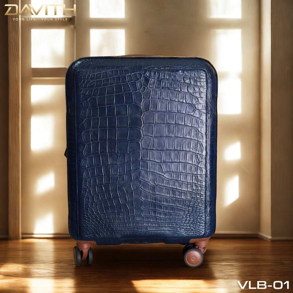 DAVITH Exotic Crocodile Belly Leather Travel Luggage — Navy Blue | LVB-01