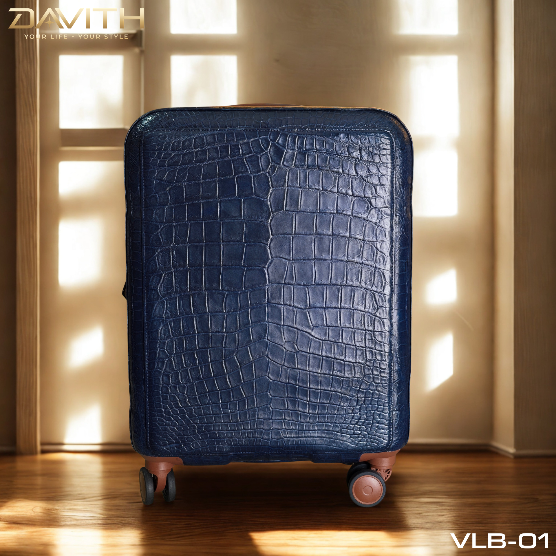 DAVITH Exotic Crocodile Belly Leather Travel Luggage — Navy Blue | LVB-01
