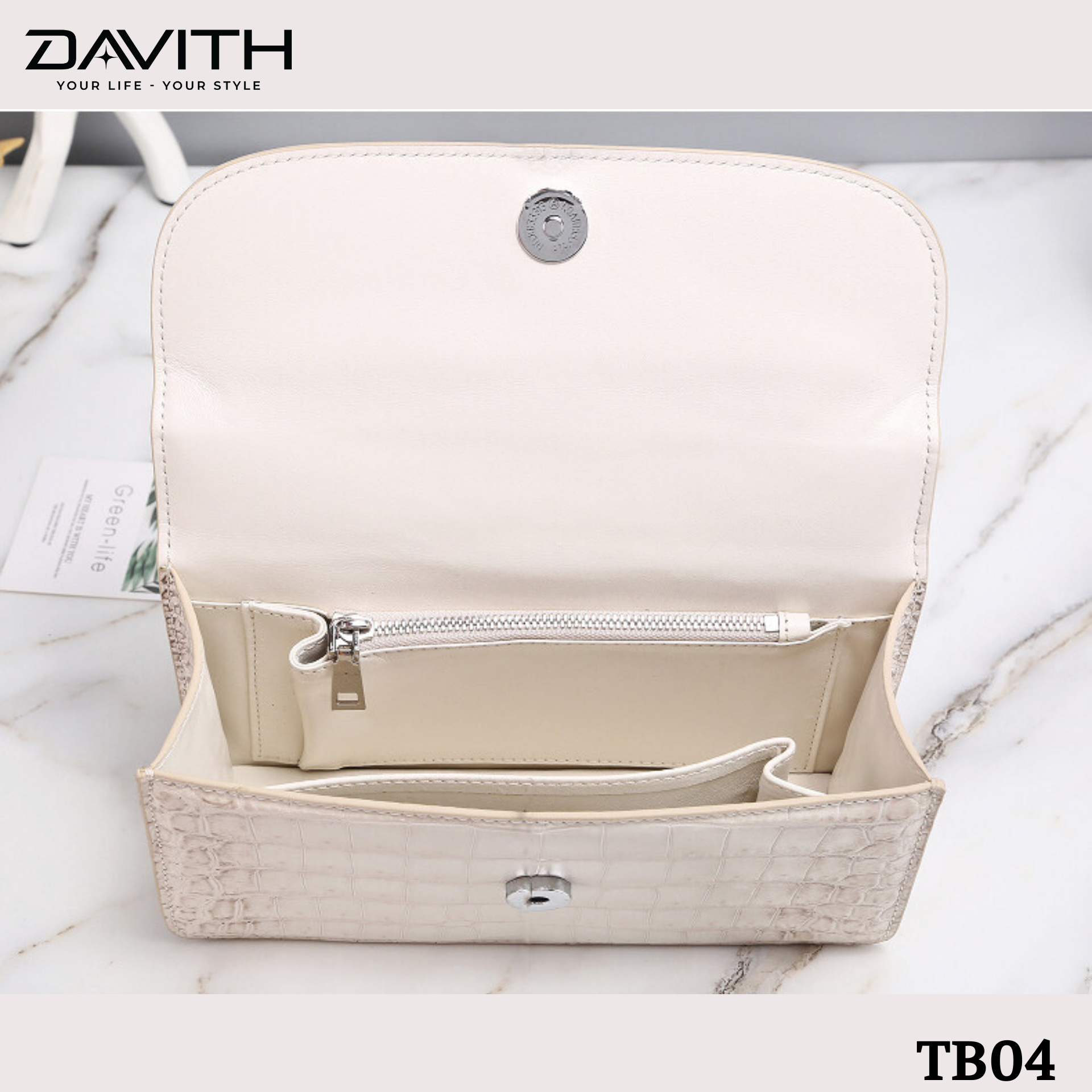 DAVITH TB04 – Professionally Whitened Crocodile Belly Leather Women's Luxury Handbag